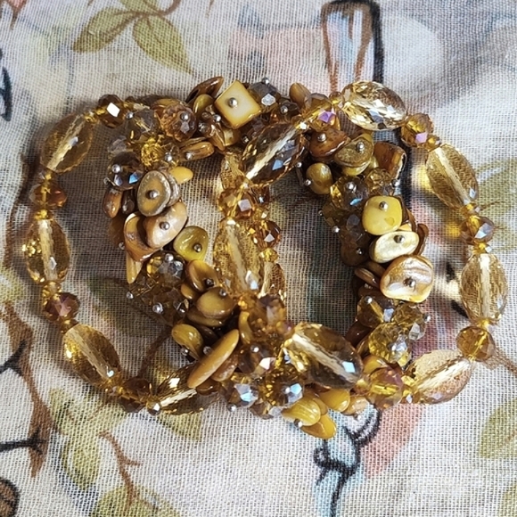 Set of 3 Topaz Honey Citrine Color Highly Faceted Glass Shell Stretch Bracelets - Picture 6 of 16